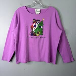 Vtg The Quacker Factory Christmas Tree Snowman Applique Long Sleeve T-Shirt Sz S